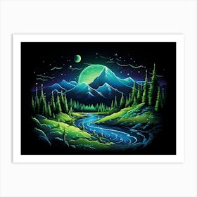 Nature Neon Green Blue Mountains River Trees Dark Abstract Art Print