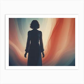 Silhouette Of A Woman In A Dress Standing Against A Flowing Abstract Background With Orange And Blue Hues Art Print