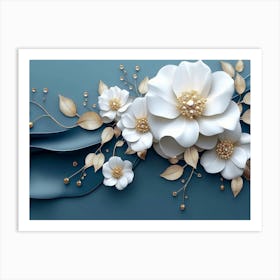 3d White Background With Golden Jewelry And Flower Art Print