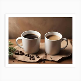 Two Coffee Mugs, One Filled With Black Coffee And The Other With Coffee With Milk, Stand On A Wooden Table Art Print