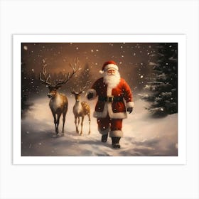 Santa Claus And Deer 1 Art Print