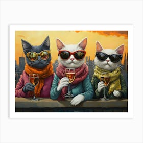 City Cats With Wine 1 Art Print