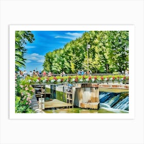 Canal du Midi in Narbonne during Spring. This image shows a picturesque scene of people gathered on a flower-adorned bridge over a small waterway with a gentle waterfall. The bridge is surrounded by vibrant greenery, with tall trees and lush plants. The bright blue sky and cheerful atmosphere suggest a pleasant, sunny day in a park or garden setting. Art Print