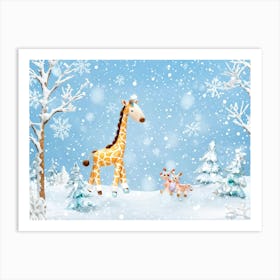 A Whimsical Winter Scene Featuring A Playful Giraffe In A Snow Covered Wonderland Frolicking Among Art Print