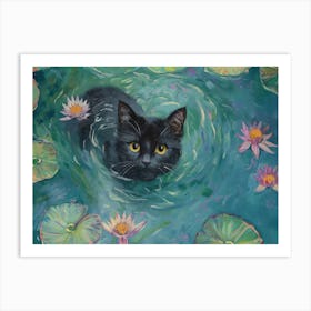 Black Cat In The Pond Art Print