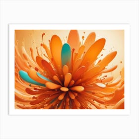 An Abstract Explosion Of Orange And Teal Liquid Forms, Resembling A Vibrant, Blooming Flower Against A Soft Orange Background Art Print