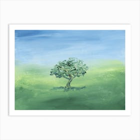 Lone Tree Landscape Painting blue green nature sky plant hand painted impressionism living room bedroom calm soothing Art Print