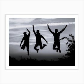 Silhouette Of Three Friends Jumping Art Print