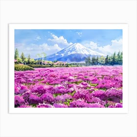 Magenta Flower Field And Mountain Fuji Art Print