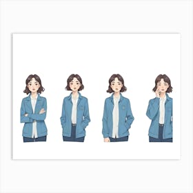 Animated Girl In Blue Jacket With Different Expressions 1 Art Print