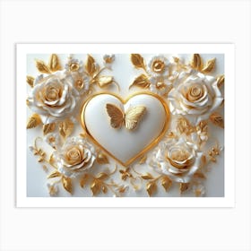 3d Gold Roses and Butterflies in Heart Art Print