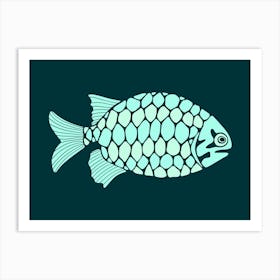 PINECONE FISH Tropical Bioluminescent Undersea Coastal Ocean Sea Life in Aqua Turquoise on Dark Teal Art Print