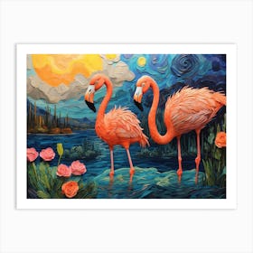 Flamingos At Night Art Print