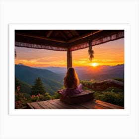 Woman Basking In The Serene Ambiance Of A Sunset Mountain Porch As Her Viewing Platform Warm Glow Art Print