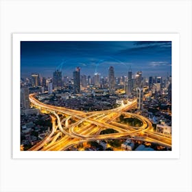 Aerial View Of Bangkok At Night Showcasing The Metropolitan District Interwoven With A Complex Tele (5) Art Print