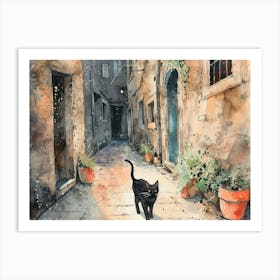 Split, Croatia   Cat In Street Art Watercolour Painting 1 Art Print
