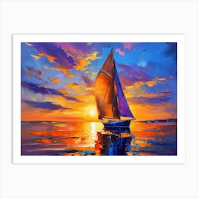 A Sailboat At Sunset On Calm Ocean Art Print