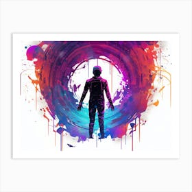 human silhouette emerging from vibrant liquid shapes and textures Art Print