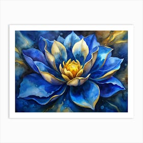 Watercolor Blue Flower With Gold Accents Art Print