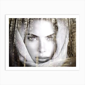 Portrait of a woman superimposed against a photograph of a forrest. Art Print