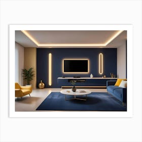 A Modern Living Room Interior With A Blue Sofa, Yellow Armchair, A Tv With Blue Accent Lighting, And A Blue Rug Art Print