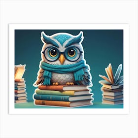 A Cute, Cartoon Owl Wearing Glasses And A Scarf, Sitting On A Stack Of Books Art Print