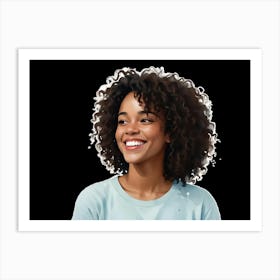 A Portrait Of A Smiling Young Woman With Curly Brown Hair, Isolated On A Black Background 1 Art Print