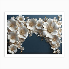 3d Artwork Illustration White and Blue Background with Golden Jewelry and Flowers 2 Art Print