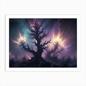 A Digital Illustration Of A Dark, Mystical Forest With Glowing Lights And A Lightning Strike, Creating A Surreal And Atmospheric Scene Art Print