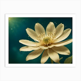 A Close Up Shot Of A White Flower With A Yellow Center And A Blurred Background Art Print