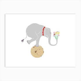 Elephant Balancing On Cookie With Flowers, Fun Circus Animal, Cake, Biscuit, Sweet Treat Print, Landscape Art Print