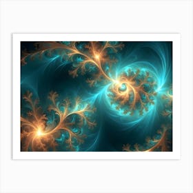 Abstract Image Featuring Intricate Swirling Patterns In Shades Of Teal, Gold, And White, Reminiscent Of Frost Or Delicate Foliage 1 Art Print