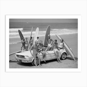 Surfers On The Beach With Car, Black and White Old Photo Art Print