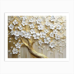 Tree Of Life. 3d Stunning Floral Tree with White Flowers Leaves on Golden Stems Art Print