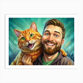 Man With A Cat Smiling Against A Green And Blue Aurora Borealis Background Art Print