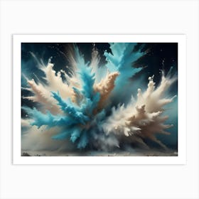 A Massive Explosion Of Blue, White, And Beige Powder Against A Dark Background Art Print