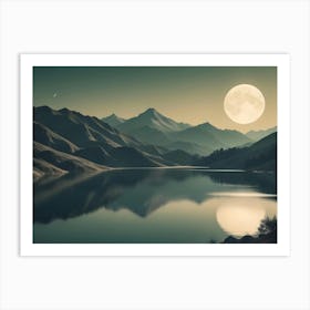 Serene Lake Reflecting Majestic Mountains Under A Full Moon In A Tranquil Night Scene Art Print