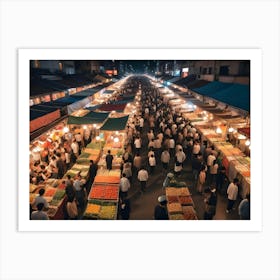 A Man Looking At Food Stalls In A Busy Night Market Art Print