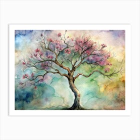 Watercolor Illustration Of A Flowering Tree With Pink Blossoms Art Print