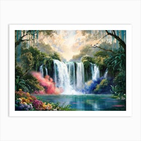 Majestic Waterfall Forest with Flowers Painting #7 Art Print