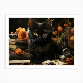 Black Cat On Books Art Print