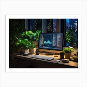 Computer Desk At Night Art Print