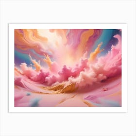 A Surreal Landscape With Swirling Pink Clouds, Golden Sand Dunes, And A Bright Light Source Art Print