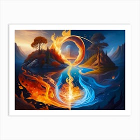 Water And Fire Collision Between Two Small Islands And A Abstract Round Sculpture Of A Mystic World Art Print