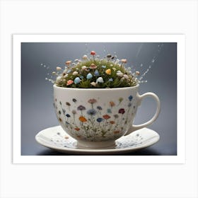 A Teacup With A Floral Design Filled With A Small Forest Of Colorful Mushrooms And Green Moss Art Print