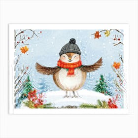 Sparrow Clad In A Festive Winter Outfit Dancing Atop A Perch Amidst A Snow Laden Woodland Sporting Art Print