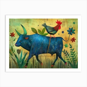 Bull And Rooster Art Print