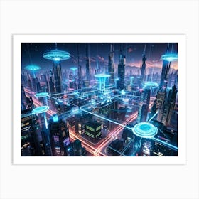 A Digital Painting Of A Globally Networked Cityscape Futuristic Ai Central Node Glowing With Connec (2) Art Print