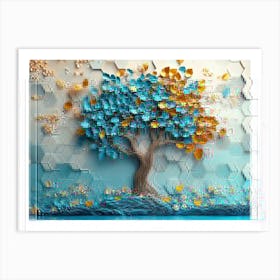 Serene 3d Tree, Turquoise and Blue Leaves, Soft Brown Shades, Colorful Hexagons Art Print