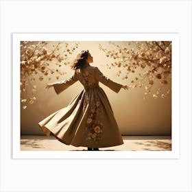 Woman In A Long, Flowing Dress With A Floral Pattern, Dancing In A Studio With Decorative Branches Art Print